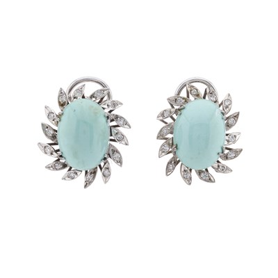 Lot 72 - A pair of gold turquoise and diamond cluster earrings