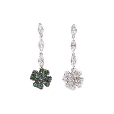 Lot 162 - A pair of 18ct gold diamond and emerald floral cluster drop earrings