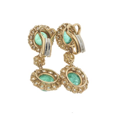 Lot 160 - A pair of 18ct gold emerald and diamond double cluster drop earrings