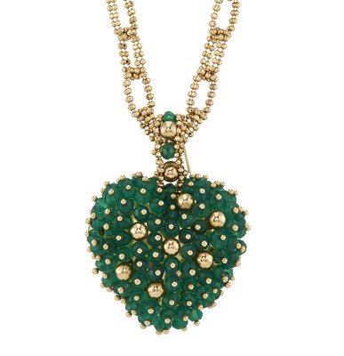 Lot 171 - A 14ct gold green gem heart pendant, with chain