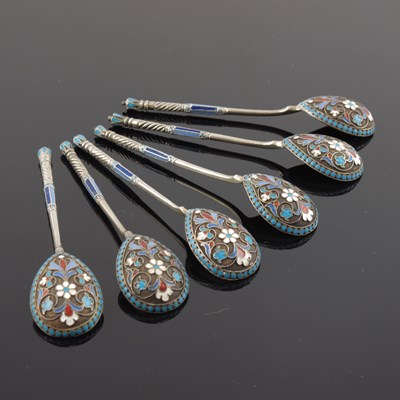Lot 8 - A set of six Russian silver gilt cloisonne...