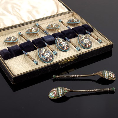 Lot 10 - A set of seven Russian silver gilt cloisonne...