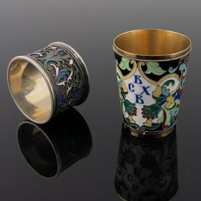 Lot 16 - A Russian silver gilt cloisonne enamel beaker,...