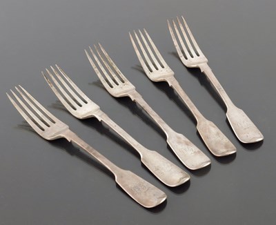 Lot 80 - A set of five Victorian silver dinner forks,...