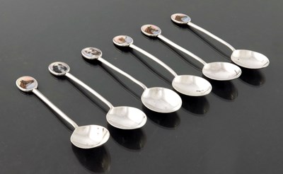 Lot 155 - A set of six George V silver and enamelled...