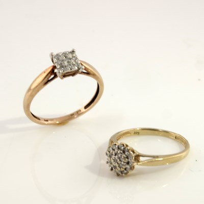 Lot 304 - Two 9ct gold diamond cluster rings, estimated...