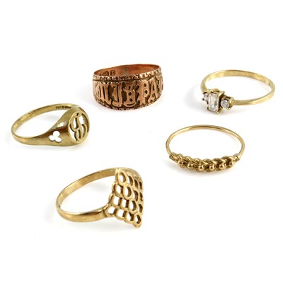 Lot 325 - Five 9ct gold gem-set rings, to include a late...