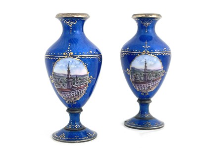 Lot 9 - A pair of Continental enamelled silver vases,...