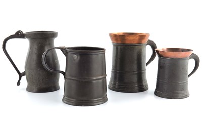 Lot 684 - Four pewter measures, pint and 1/2 pint with...
