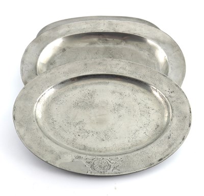 Lot 688 - Three oval pewter dishes, Watts Harton, 1800,...