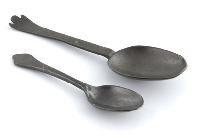 Lot 691 - Two pewter spoons, trifid spoon and dog nose...