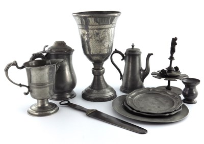 Lot 693 - A collection of pewter, to include a large...