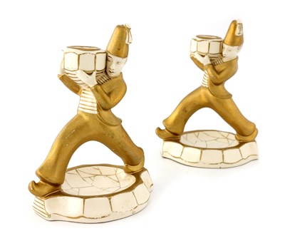 Lot 910 - Pair of Art Deco figural candlesticks,...