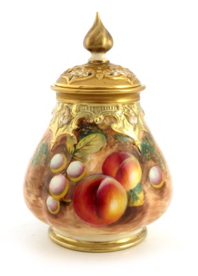 Lot 1032 - A Royal Worcester fruit painted potpourri vase...