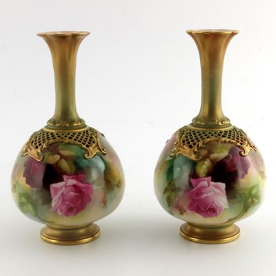 Lot 1061 - A pair of Royal Worcester rose painted vases,...