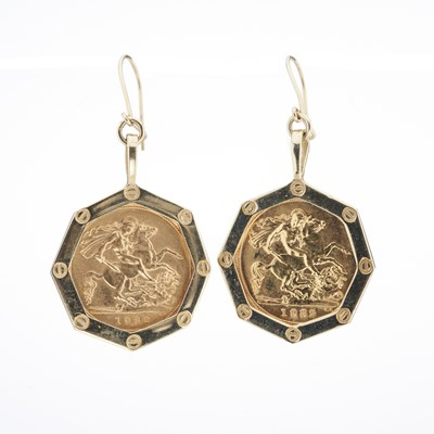 Lot 35 - A pair of gold half sovereign coin drop earrings