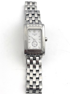 Lot 66 - Longines, a stainless steel watch with a white...