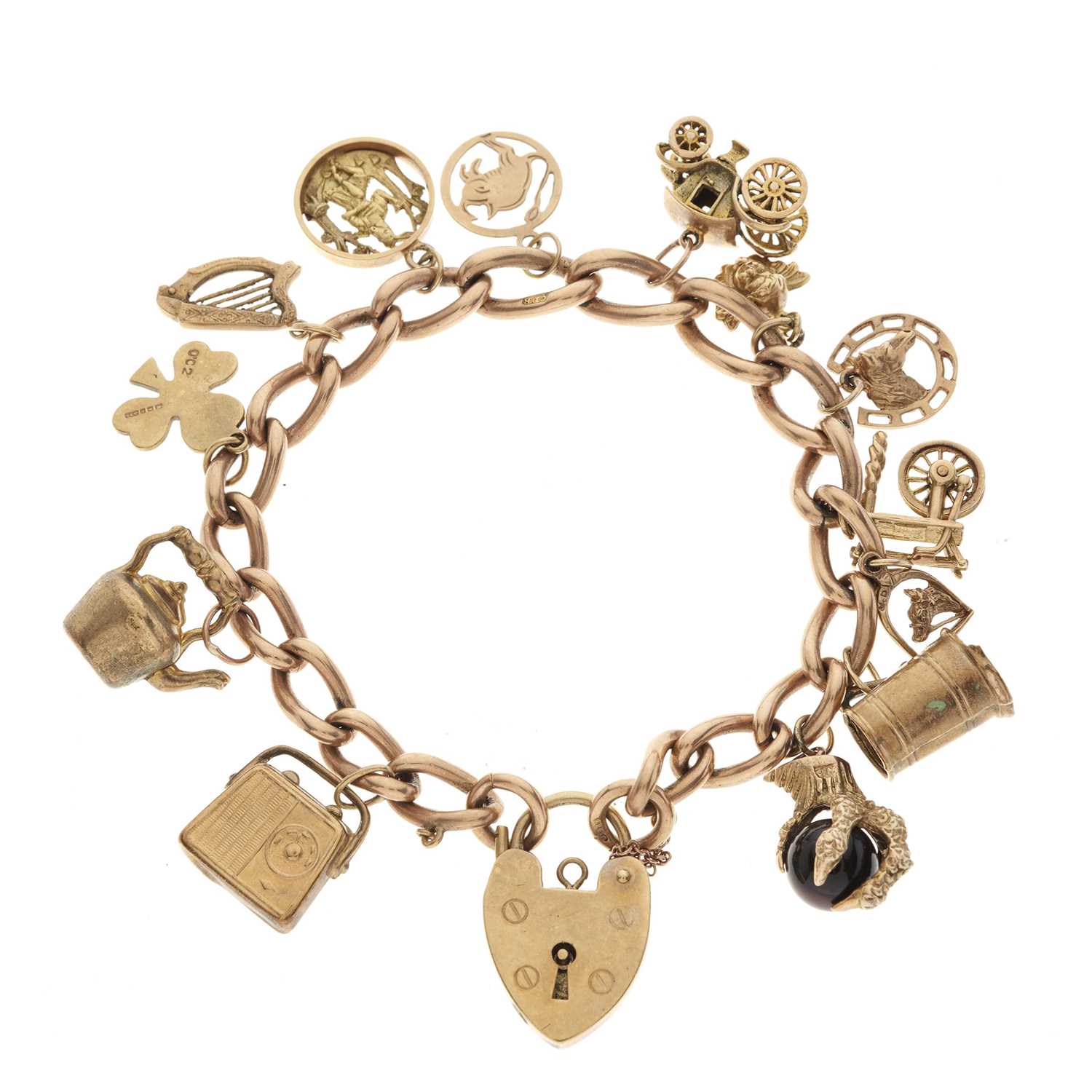 Lot 43 - A 9ct gold charm bracelet, with heart-shape padlock clasp