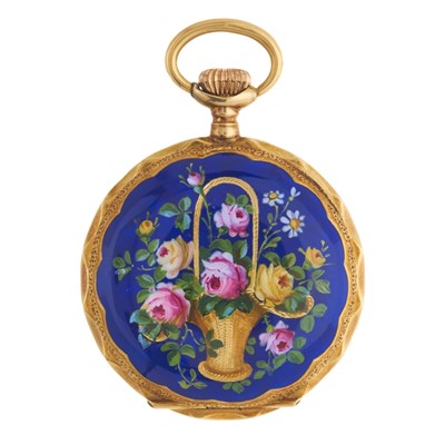Lot 208 - A late 19th century 18ct gold fob watch, white...