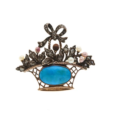 Lot 26 - A late Georgian silver and gold turquoise, diamond and pearl floral basket brooch