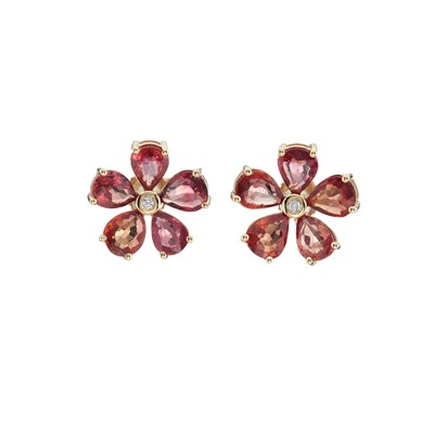 Lot 83 - A pair of 18ct gold orange sapphire and diamond cluster earrings