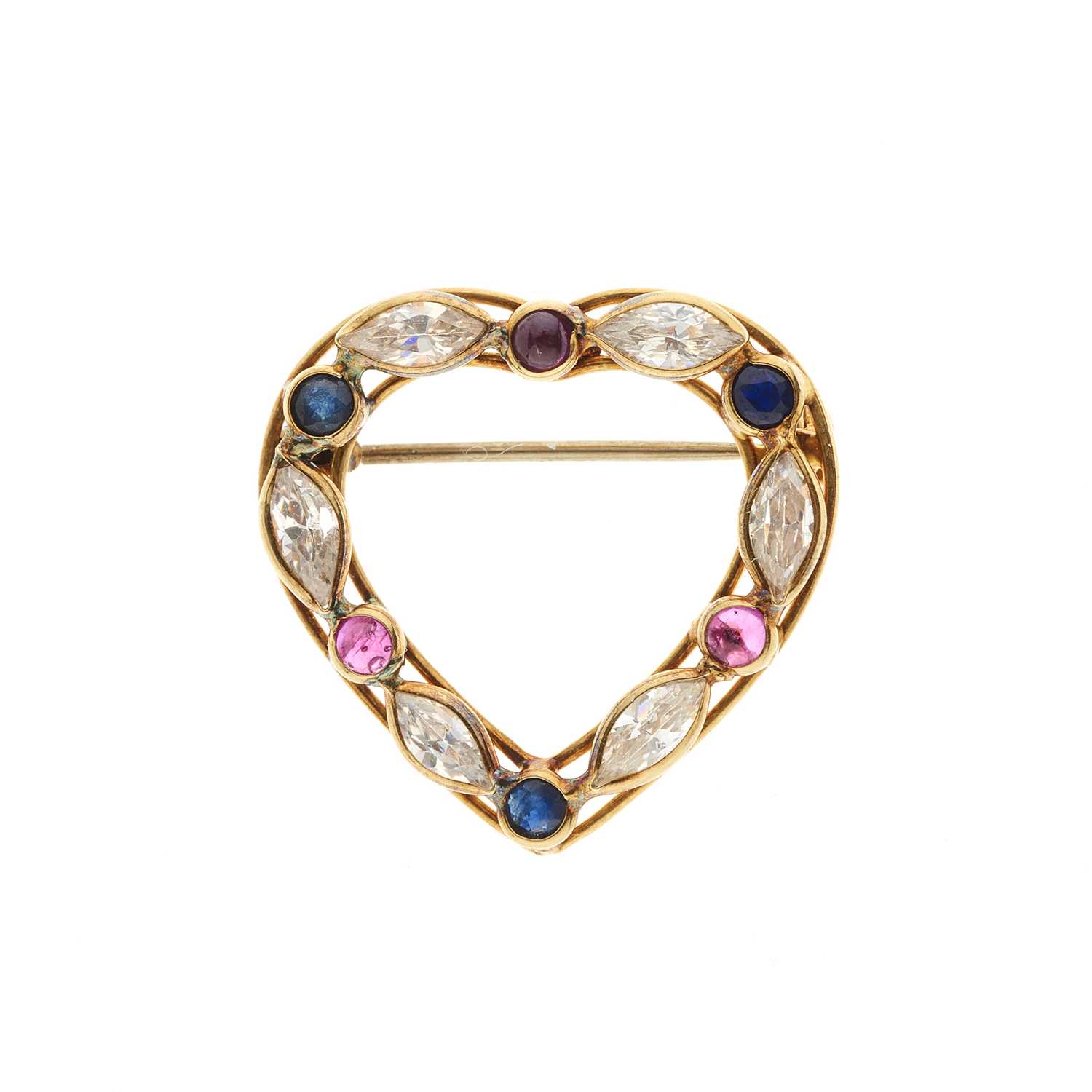 Lot 72 - An 18ct gold ruby, sapphire and cubic zirconia heart-shape brooch