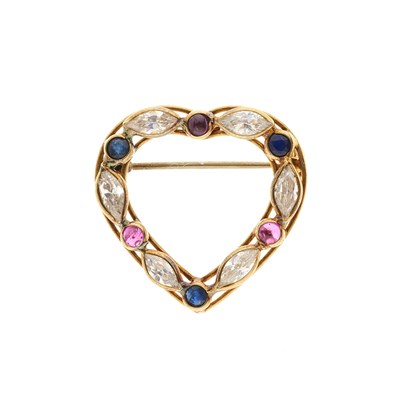 Lot 72 - An 18ct gold ruby, sapphire and cubic zirconia heart-shape brooch