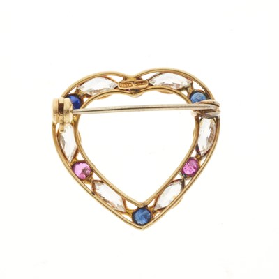 Lot 72 - An 18ct gold ruby, sapphire and cubic zirconia heart-shape brooch