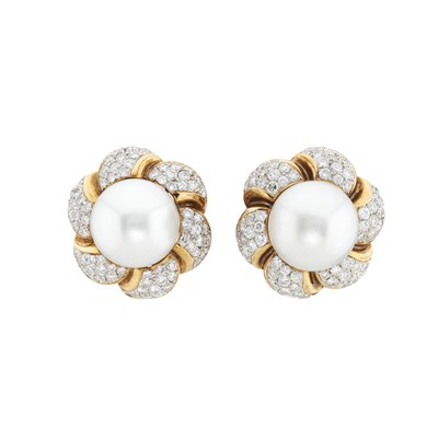 Lot 59 - A pair of 18ct gold pearl and diamond flower clip earrings