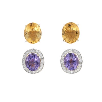 Lot 154 - A pair of gold amethyst, citrine and diamond cluster stud earrings