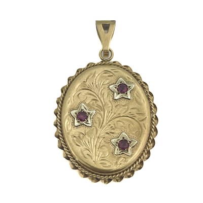 Lot 18 - A 9ct gold and ruby locket pendant, oval form,...