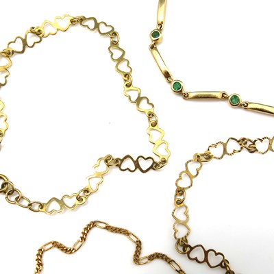 Lot 10 - Four 9ct gold bracelets including a peridot...