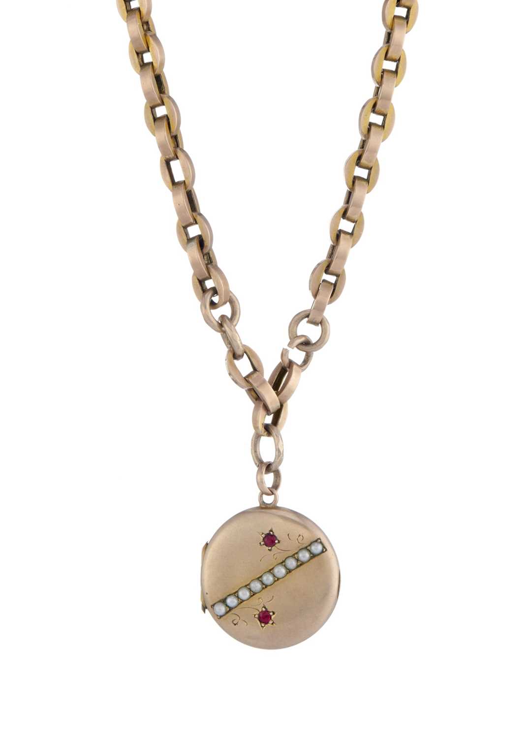 Lot 20 - A late Victorian 9ct gold red gem and split pearl locket, with chain