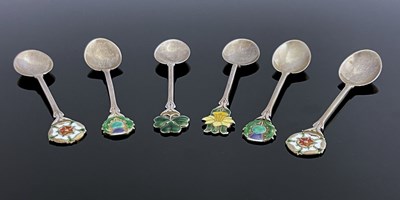 Lot 91 - A set of six Elizabeth II silver and enamelled teaspoons, Turner and Simpson, Birmingham 1953