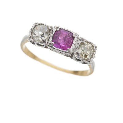 Lot 118 - A mid 20th century gold pink sapphire and diamond three-stone ring