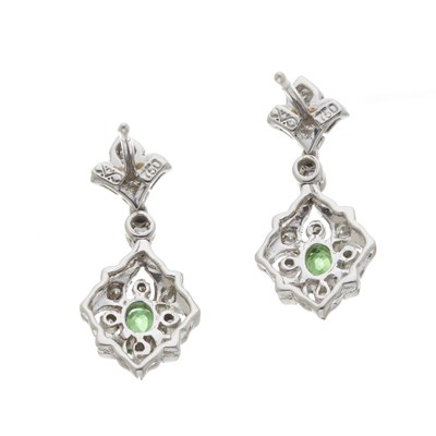 Lot 28 - A pair of 18ct gold green garnet and diamond drop earrings