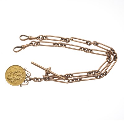 Lot 83 - An Edwardian 9ct gold albert chain, with gold sovereign coin pendant