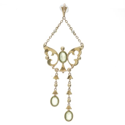 Lot 5 - An Edwardian gold peridot  and pearl openwork pendant