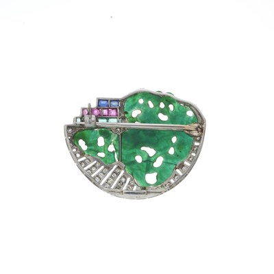Lot 52 - An Art Deco jade, diamond, ruby, sapphire and emerald brooch