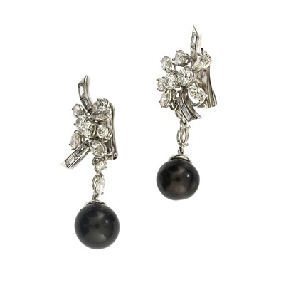 Lot 104 - A pair of grey cultured pearl and diamond drop earrings