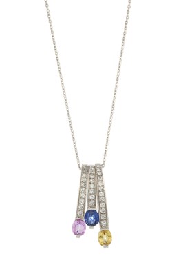 Lot 39 - Three 18ct gold vari-hue sapphire and diamond pendants, with chain