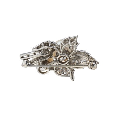 Lot 79 - A mid 20th century platinum cultured pearl and diamond foliate brooch