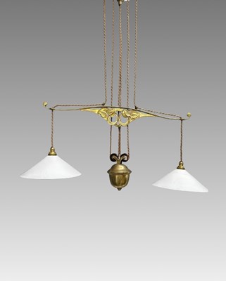 Lot 247 - An Arts and Crafts brass rise and fall pendant...
