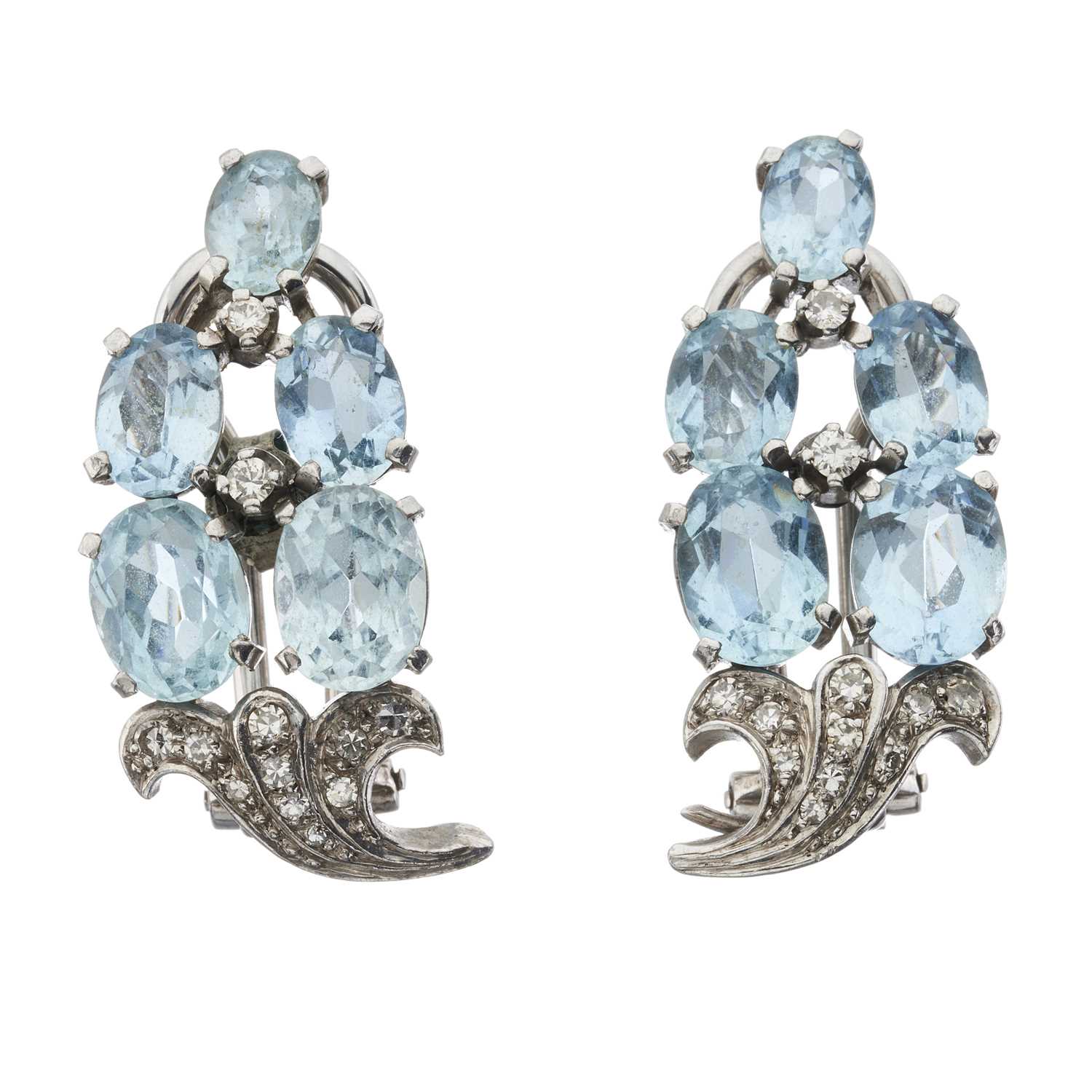 Lot 66 - A pair of mid 20th century aquamarine and diamond cluster earrings