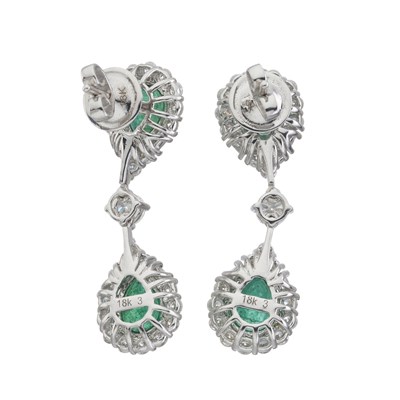 Lot 58 - A pair of 18ct gold emerald and diamond cluster drop earrings