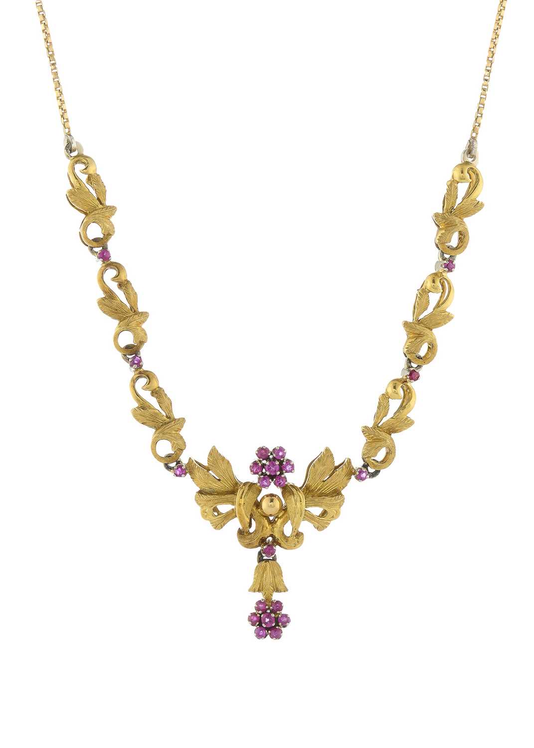 Lot 102 - Cropp & Farr, an 18ct gold ruby floral necklace
