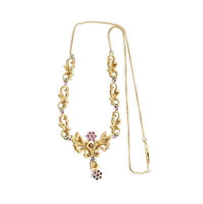 Lot 102 - Cropp & Farr, an 18ct gold ruby floral necklace