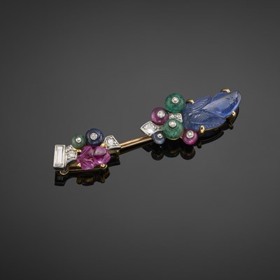 Lot 119 - Cartier, an extremely rare Art Deco gold and platinum, diamond Tutti Frutti jabot pin