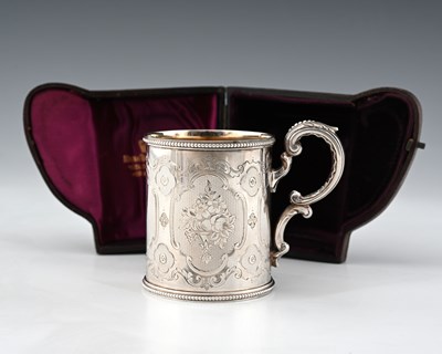 Lot 201 - A Victorian cased silver mug, of cylindrical...