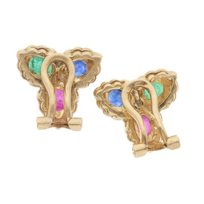 Lot 55 - A pair of 18ct gold sapphire, ruby, emerald and diamond cluster earrings